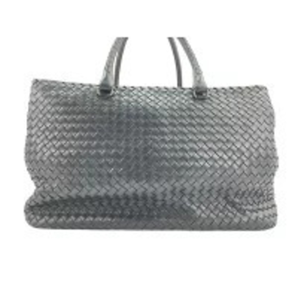 Bottega Veneta Intrecciato woven leather Boston tote bag double top Gray